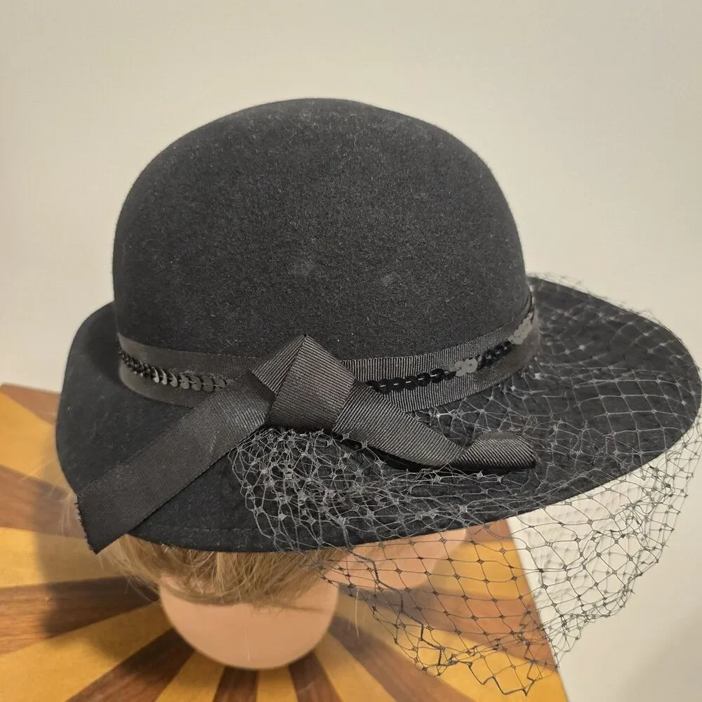 True Vintage Lancaster Black Wool Felt Hat Face Netting USA Black Sequin Classy
